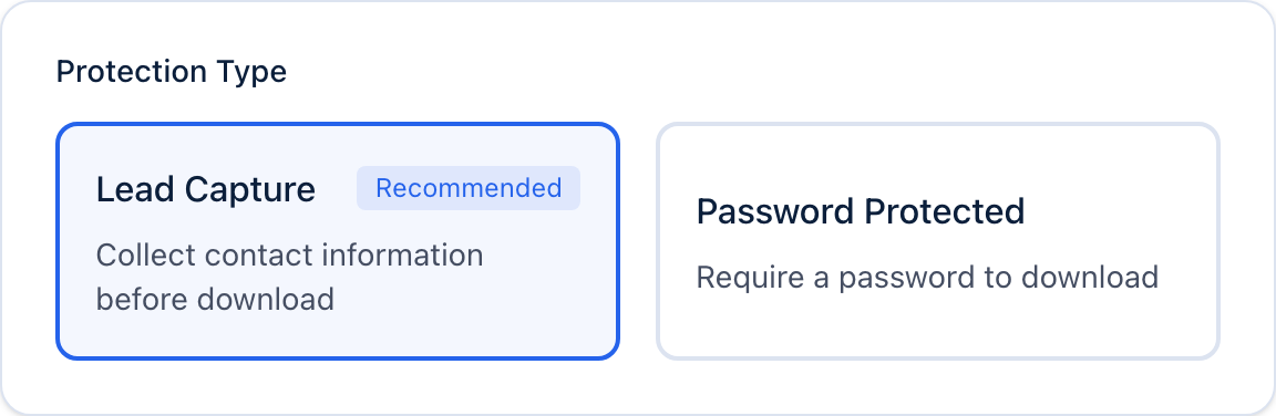GateDocs access options: Lead Capture to collect contact details, or Password Protected access.