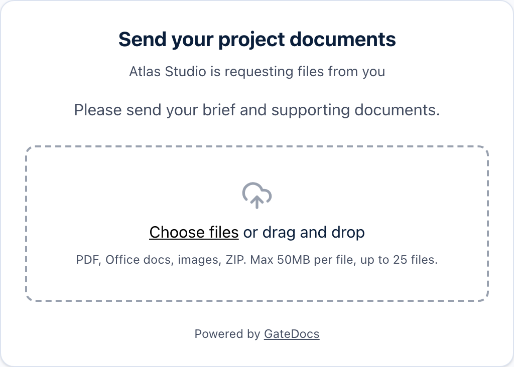 The real GateDocs file request upload page, ready for Maya Chen to send project documents to Atlas Studio.