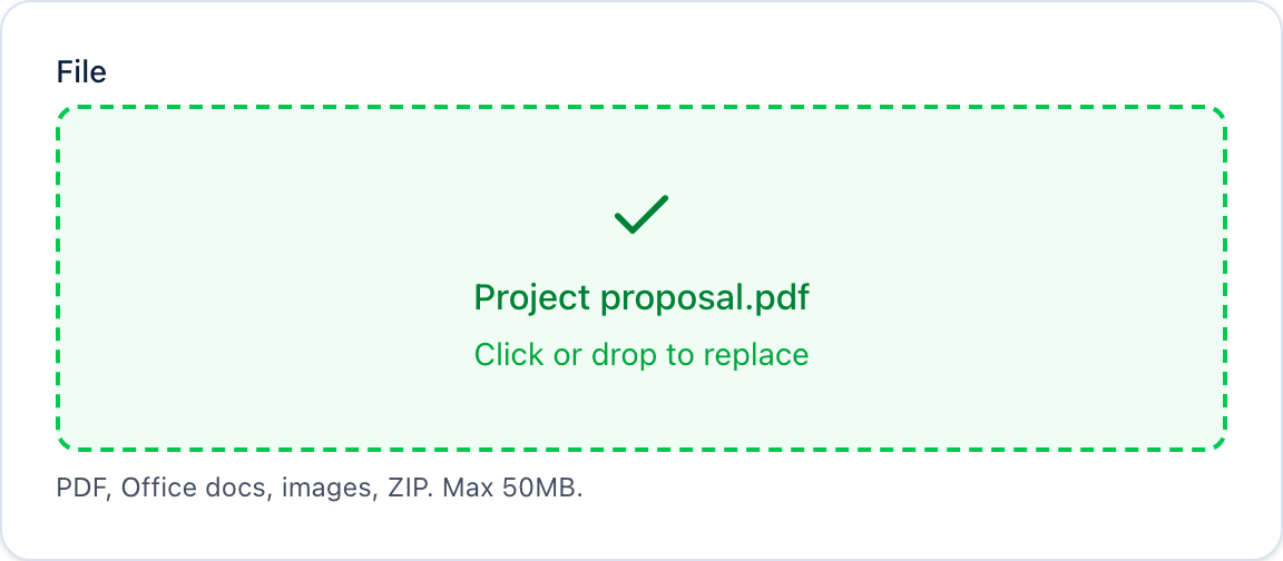 The real upload form with selected file Project proposal.pdf and a confirmation tick.
