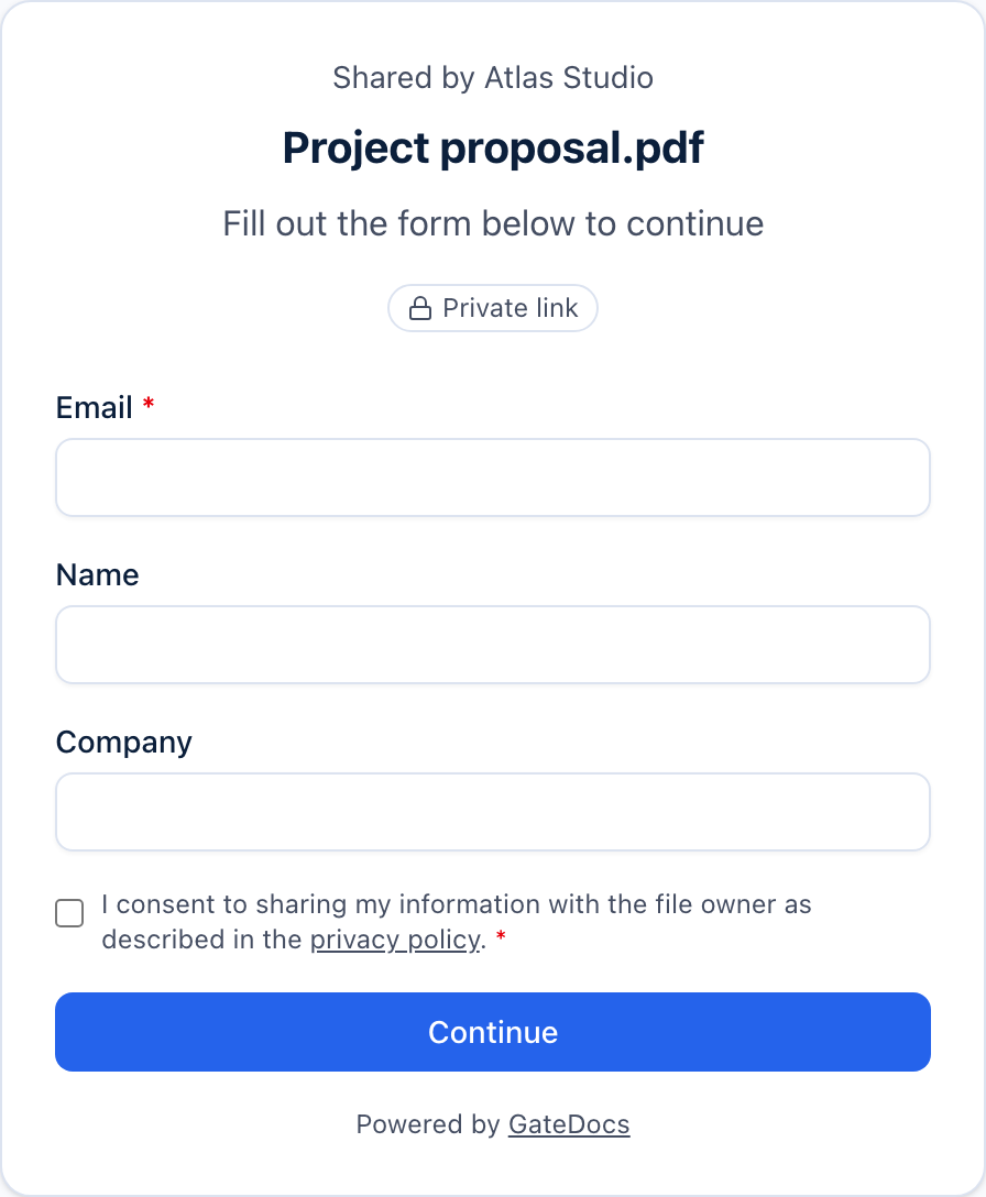GateDocs recipient form asking for email, name and company before opening Project proposal.pdf.