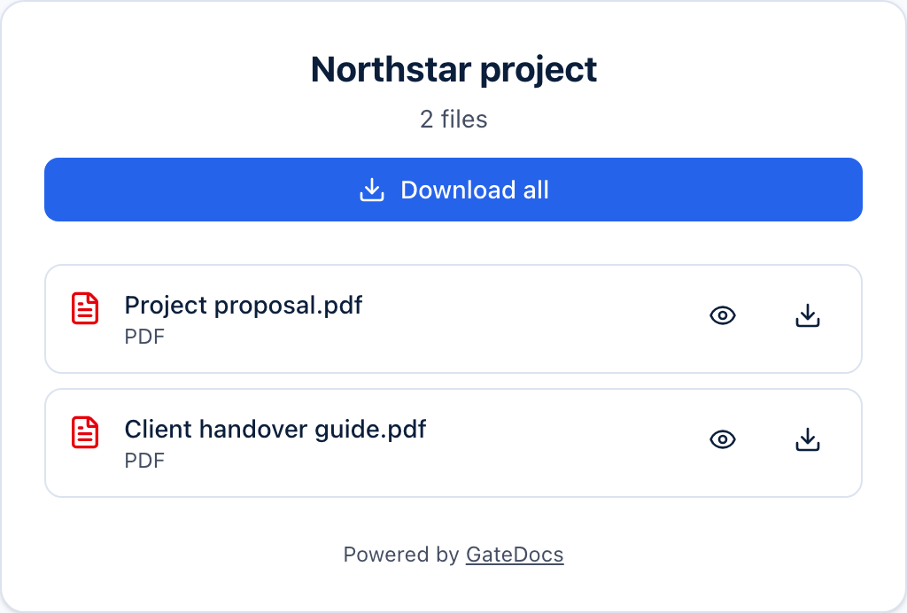 A real GateDocs Space for the Northstar project, with a proposal and handover guide under one download link.